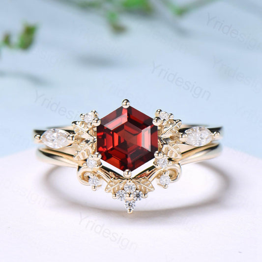 Nature inspired hexagon garnet engagement ring set 14k yellow gold unique leaf vine garnet wedding ring set January birthstone jewelry women - PENFINE