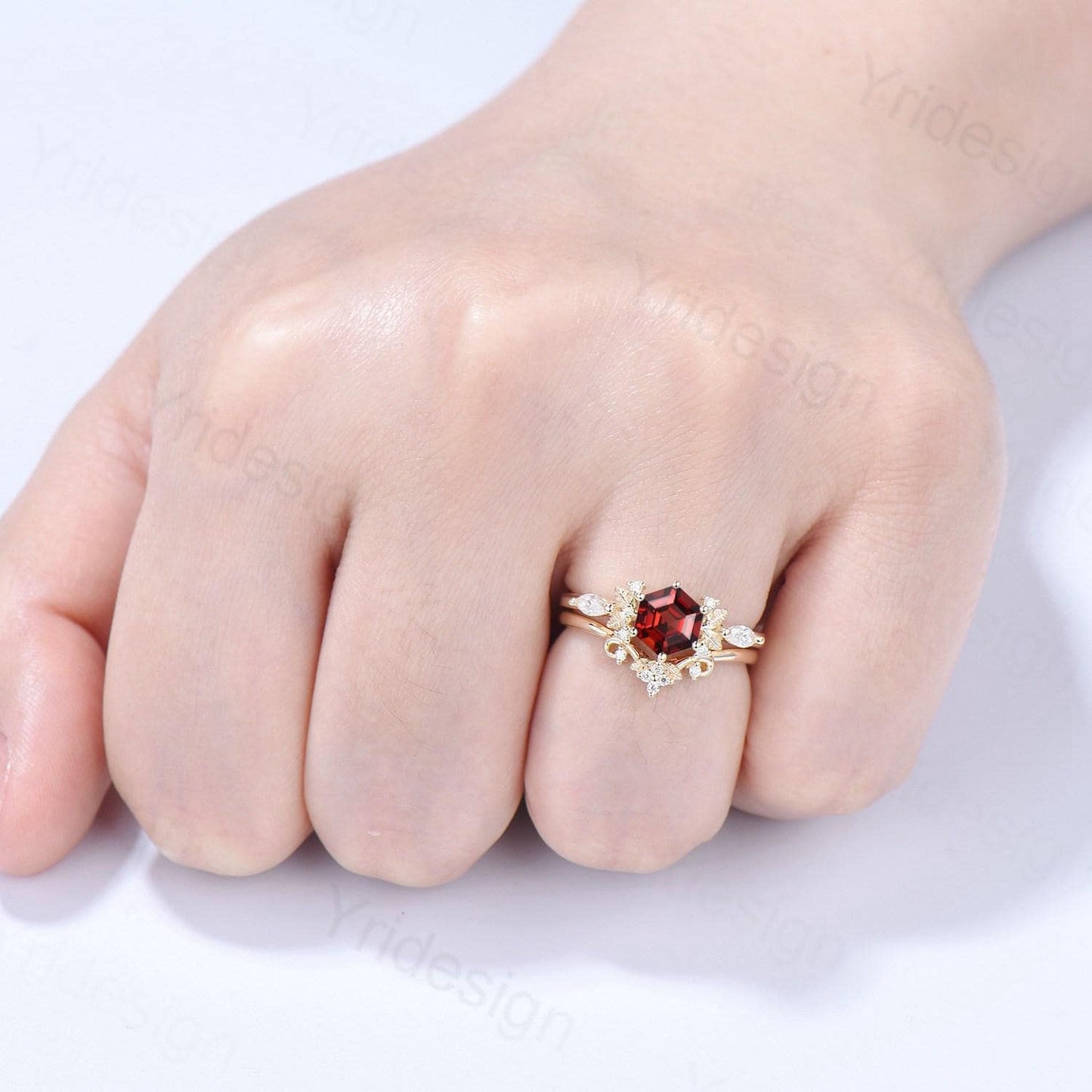 Nature inspired hexagon garnet engagement ring set 14k yellow gold unique leaf vine garnet wedding ring set January birthstone jewelry women - PENFINE