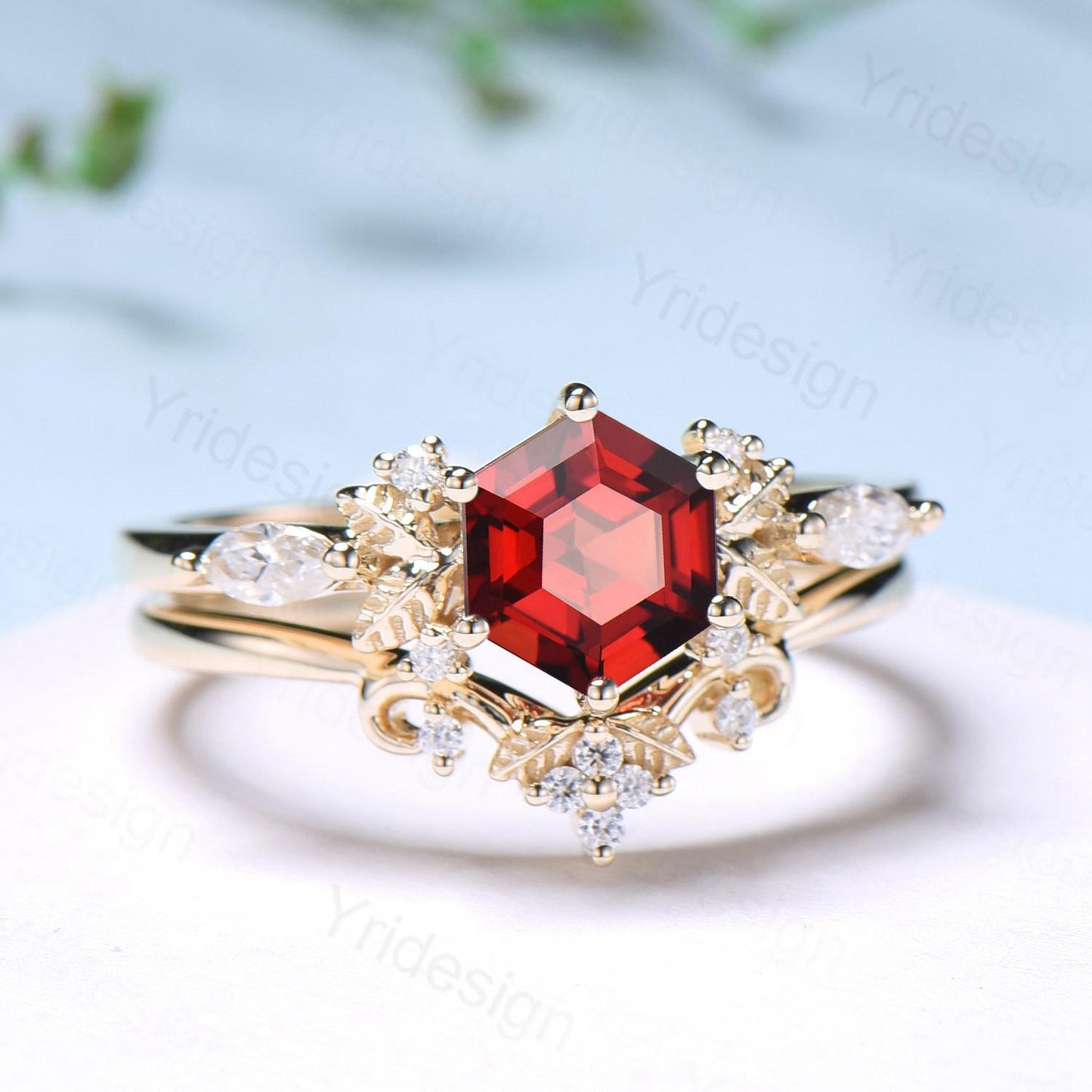 Nature inspired hexagon garnet engagement ring set 14k yellow gold unique leaf vine garnet wedding ring set January birthstone jewelry women - PENFINE
