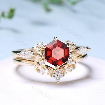 Nature inspired hexagon garnet engagement ring set 14k yellow gold unique leaf vine garnet wedding ring set January birthstone jewelry women - PENFINE