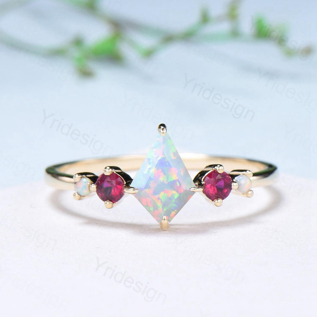 Vintage Kite Fire Opal Engagement Ring Set White Opal Ruby Wedding ring Set Art Deco Anniversary Gift 2Pcs 14K Yellow Gold Bride Set Women - PENFINE