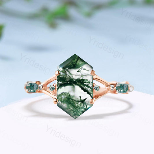 Split Shank Long Hexagon cut natural green moss agate engagement ring baguette agate five stone wedding ring elegant anniversary gift women - PENFINE