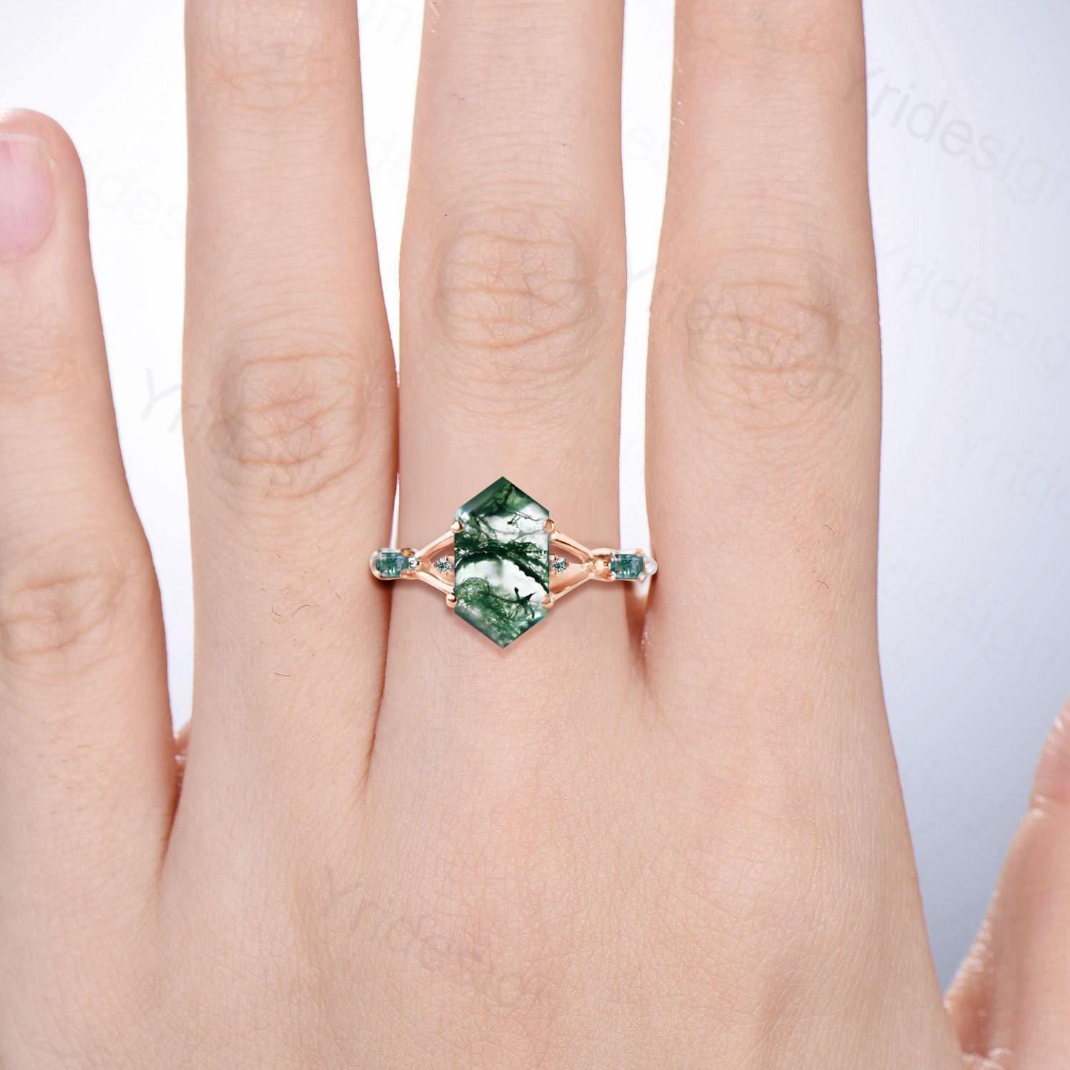 Split Shank Long Hexagon cut natural green moss agate engagement ring baguette agate five stone wedding ring elegant anniversary gift women - PENFINE