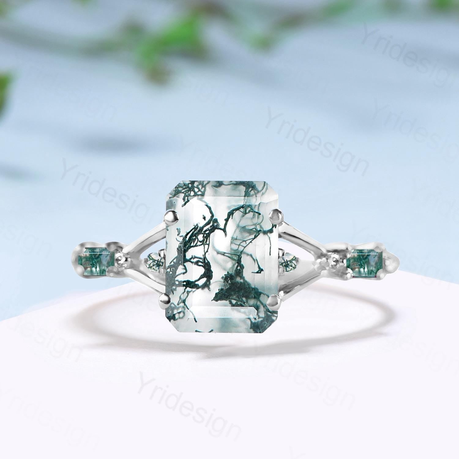 Unique Split Shank Emerald Cut Moss Agate Engagement Ring Five Stone Baguette Trillion Style Agate Wedding Ring Anniversary Gifts for Women - PENFINE