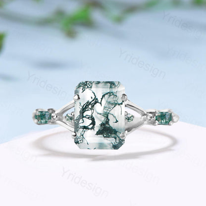 Unique Split Shank Emerald Cut Moss Agate Engagement Ring Five Stone Baguette Trillion Style Agate Wedding Ring Anniversary Gifts for Women - PENFINE