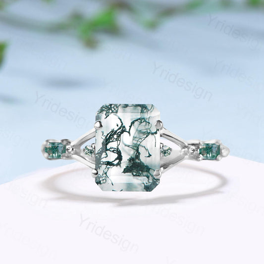 Unique Split Shank Emerald Cut Moss Agate Engagement Ring Five Stone Baguette Trillion Style Agate Wedding Ring Anniversary Gifts for Women - PENFINE
