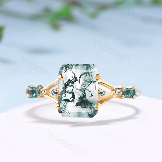Unique Split Shank Emerald Cut Moss Agate Engagement Ring Five Stone Baguette Trillion Style Agate Wedding Ring Anniversary Gifts for Women - PENFINE