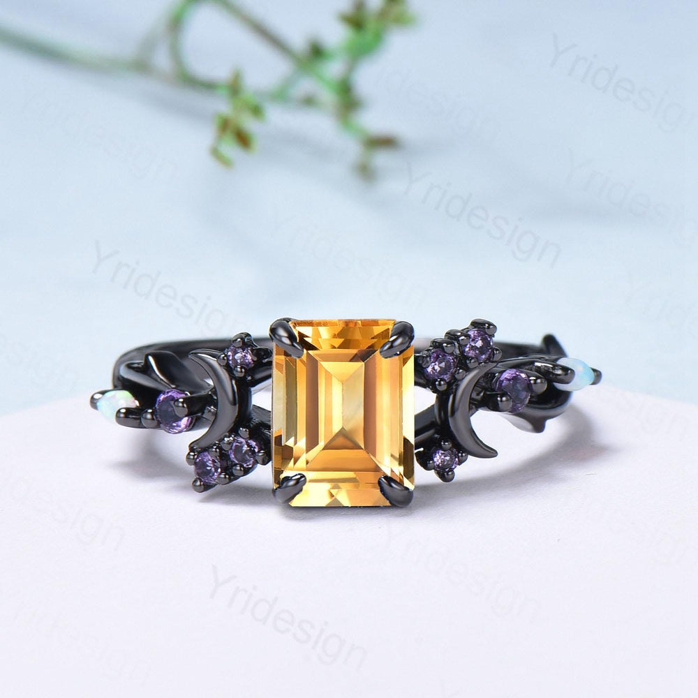 Unique Black Gold Citrine Ring Emerald Cut November Birthstone Moon Engagement Ring Cluster Opal Amethyst Wedding Ring Anniversary Gifts - PENFINE