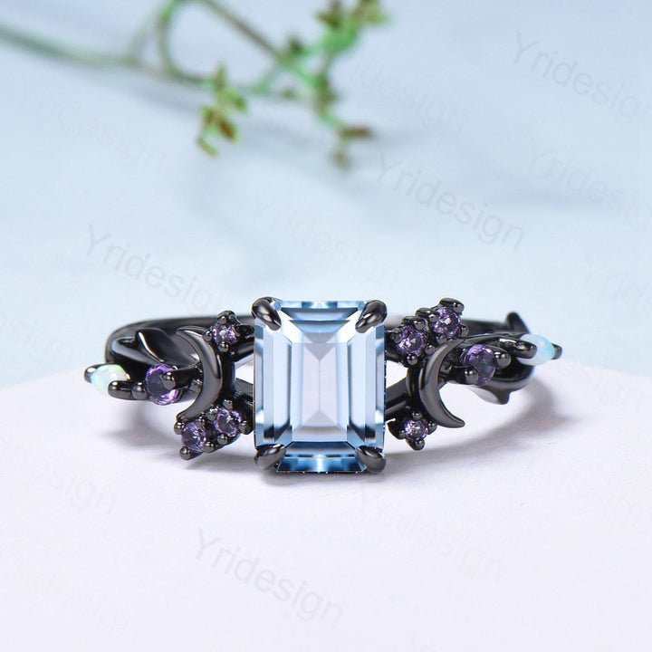 Unique Black Gold Emerald Cut Aquamarine Ring Gothic Moon Engagement Ring Cluster Split Shank Opal Amethyst Wedding Ring Promise Gift Women - PENFINE