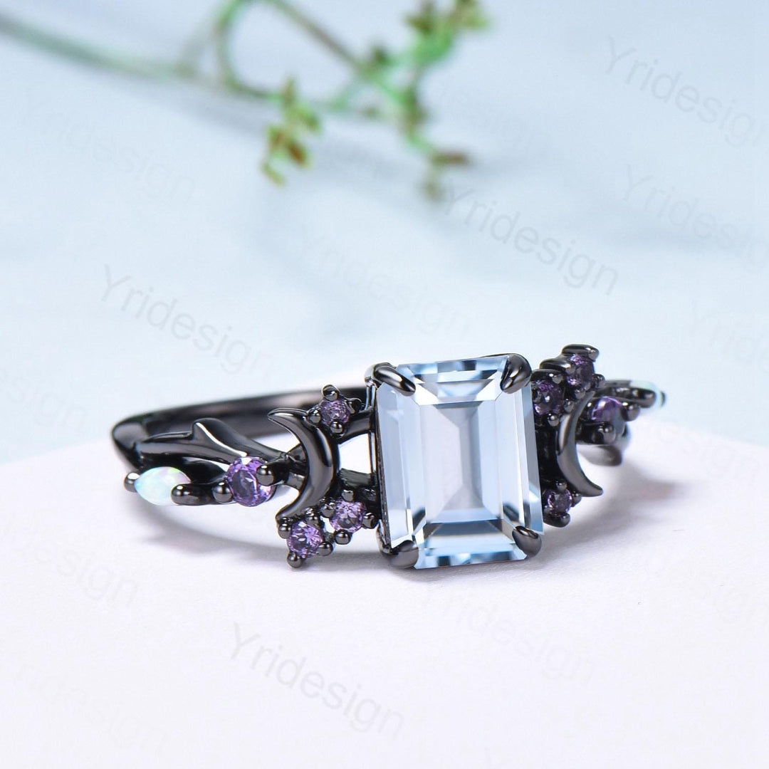 Unique Black Gold Emerald Cut Aquamarine Ring Gothic Moon Engagement Ring Cluster Split Shank Opal Amethyst Wedding Ring Promise Gift Women - PENFINE