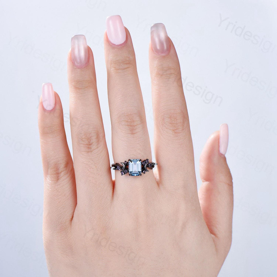 Unique Black Gold Emerald Cut Aquamarine Ring Gothic Moon Engagement Ring Cluster Split Shank Opal Amethyst Wedding Ring Promise Gift Women - PENFINE