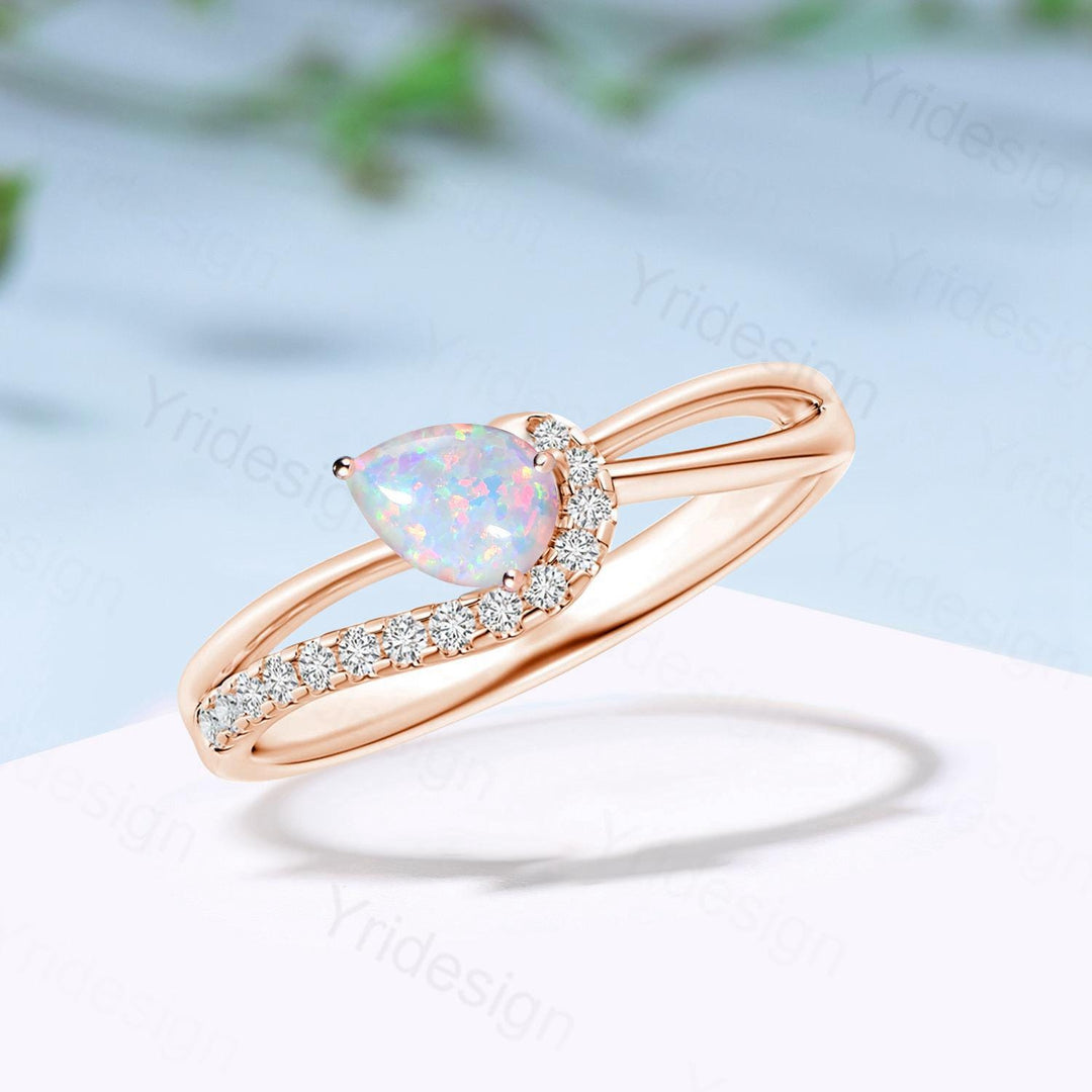 Split Shank white opal engagement ring art deco pear shaped fire opal diamond wedding ring silver rose gold anniversary gifts for daughter - PENFINE