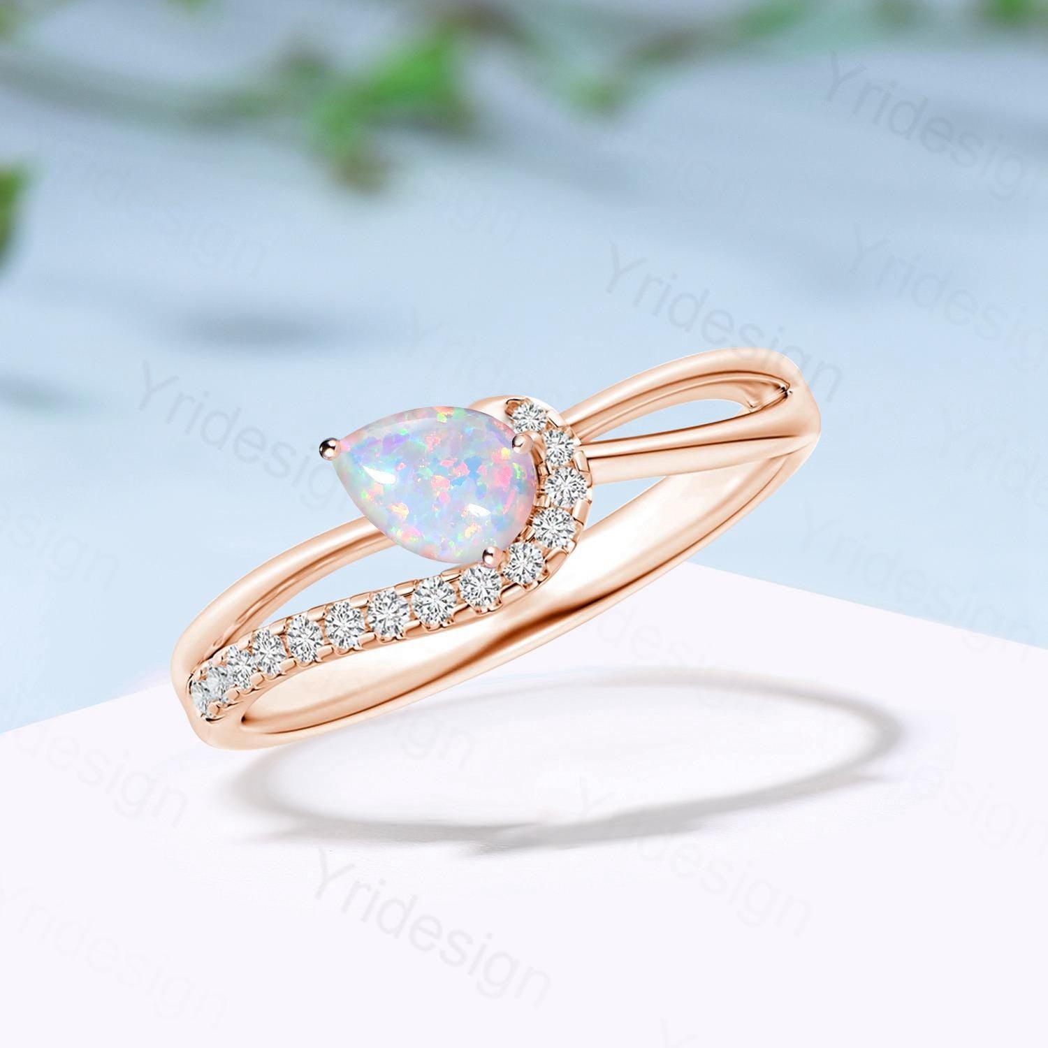 Split Shank white opal engagement ring art deco pear shaped fire opal diamond wedding ring silver rose gold anniversary gifts for daughter - PENFINE
