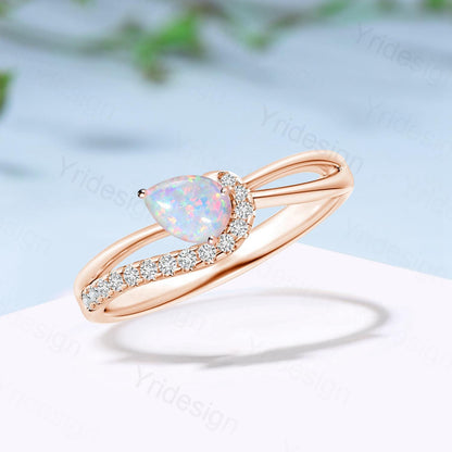 Split Shank white opal engagement ring art deco pear shaped fire opal diamond wedding ring silver rose gold anniversary gifts for daughter - PENFINE