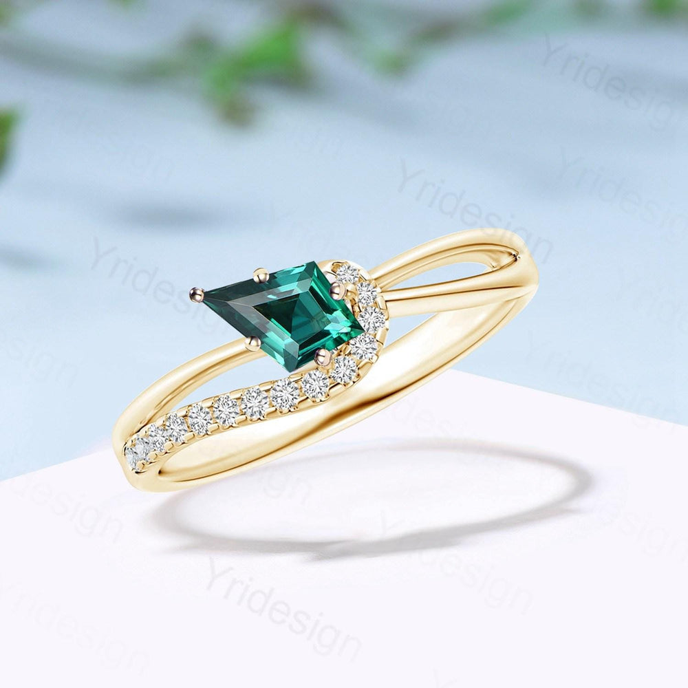 Unique Kite cut emerald engagement ring split shank silver rose gold green stone eternity may birthstone wedding ring mom anniversary gifts - PENFINE