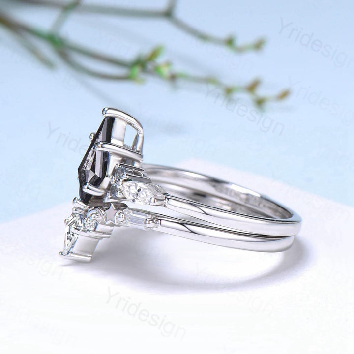 Unique kite cut salt and pepper diamond ring set natural pepper engagement ring 18k white gold bridal wedding set handmade anniversary gift - PENFINE