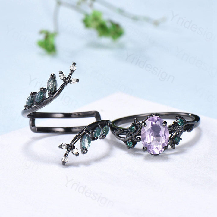 Nature Inspired Lavender Amethyst Engagement ring set black gold unique leaf vine marquise moss agate ring gothic 2pcs bridal wedding set - PENFINE