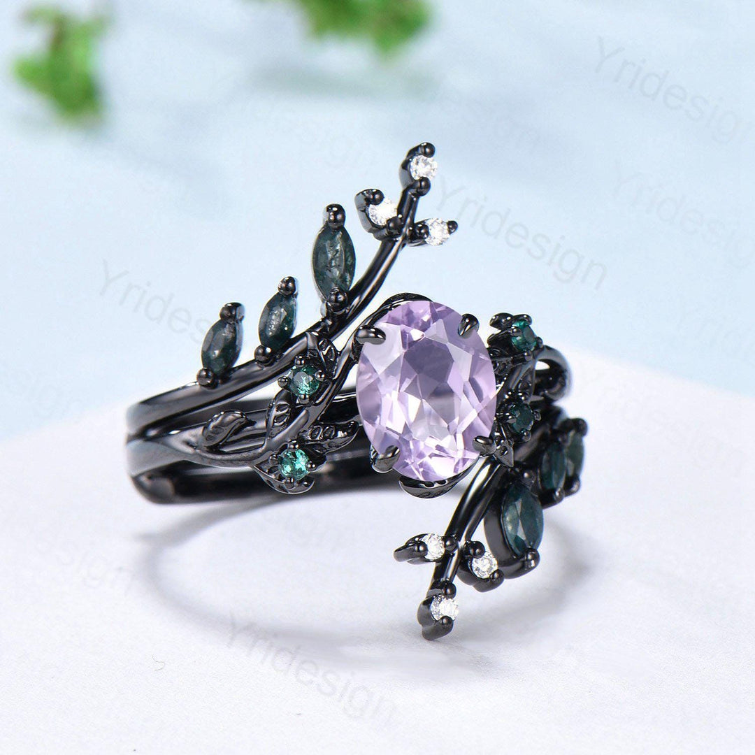 Nature Inspired Lavender Amethyst Engagement ring set black gold unique leaf vine marquise moss agate ring gothic 2pcs bridal wedding set - PENFINE