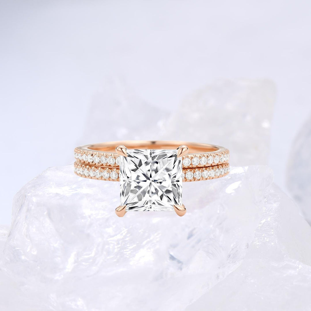 Vintage Princess Cut Lab Grown Diamond Wedding Ring Set IGI Certificate Hidden Halo Bridal Ring Set 14k Rose Gold 2pcs Bridal Ring Set Women - PENFINE