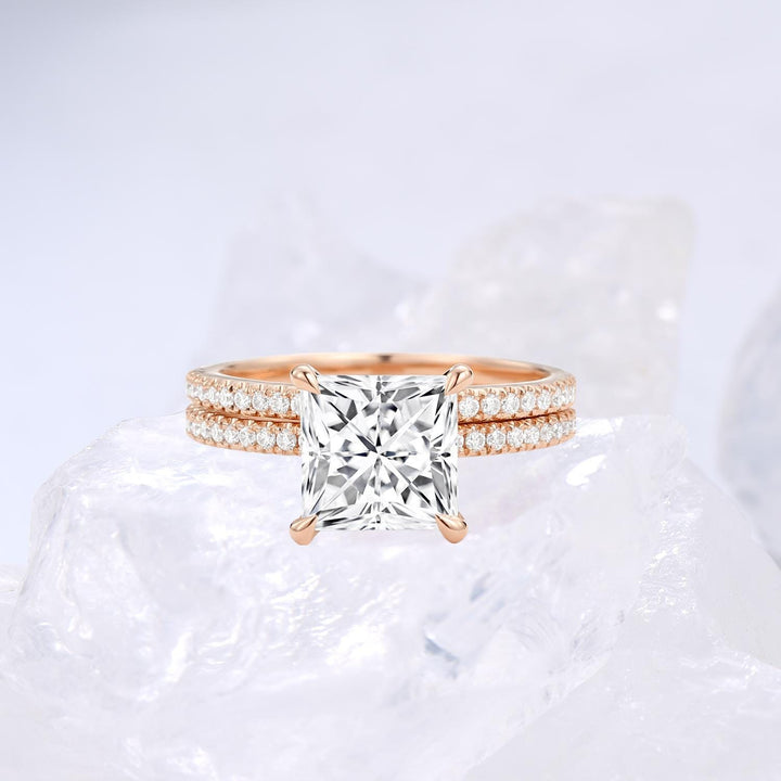 Vintage Princess Cut Lab Grown Diamond Wedding Ring Set IGI Certificate Hidden Halo Bridal Ring Set 14k Rose Gold 2pcs Bridal Ring Set Women - PENFINE