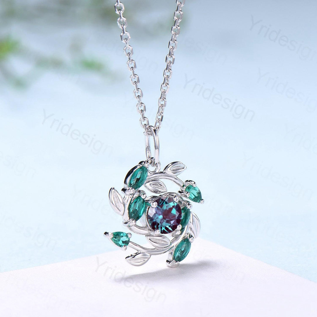Unique Nature Inspired Alexandrite Necklace Vintage Marquise Pear Emerald Necklace Elegant Snowflake Pendant Anniversary gift for daughter - PENFINE