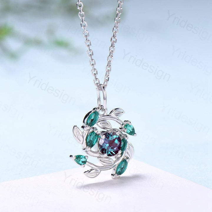 Unique Nature Inspired Alexandrite Necklace Vintage Marquise Pear Emerald Necklace Elegant Snowflake Pendant Anniversary gift for daughter - PENFINE