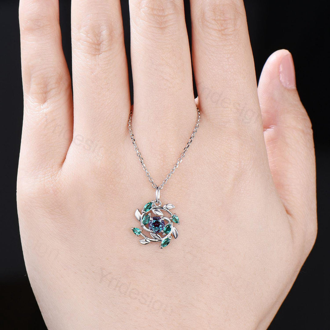 Unique Nature Inspired Alexandrite Necklace Vintage Marquise Pear Emerald Necklace Elegant Snowflake Pendant Anniversary gift for daughter - PENFINE