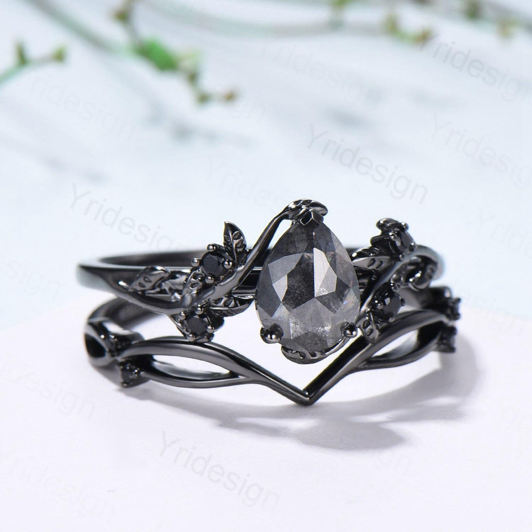 Elegant Black Gold salt pepper diamond engagement ring natural inspired pear shaped twig vine pepper diamond unique leaf vine bridal set - PENFINE