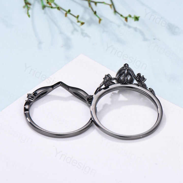 Elegant Black Gold salt pepper diamond engagement ring natural inspired pear shaped twig vine pepper diamond unique leaf vine bridal set - PENFINE