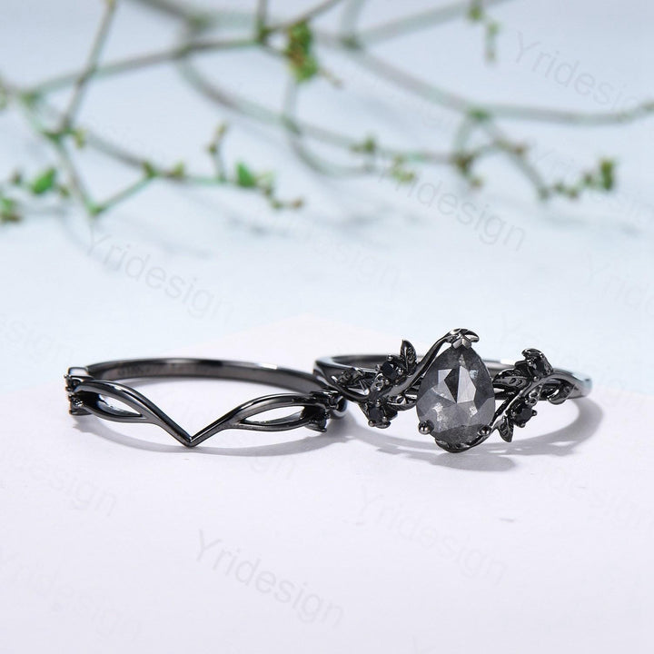 Elegant Black Gold salt pepper diamond engagement ring natural inspired pear shaped twig vine pepper diamond unique leaf vine bridal set - PENFINE