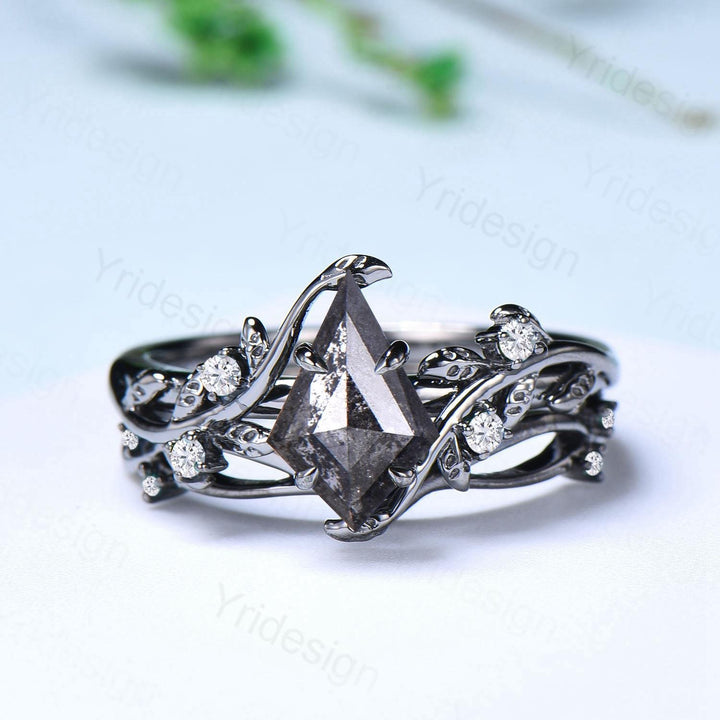 Elegant Kite cut salt pepper diamond engagement ring vintage pepper diamond bridal set unique leaf vine ring nature inspired wedding set - PENFINE