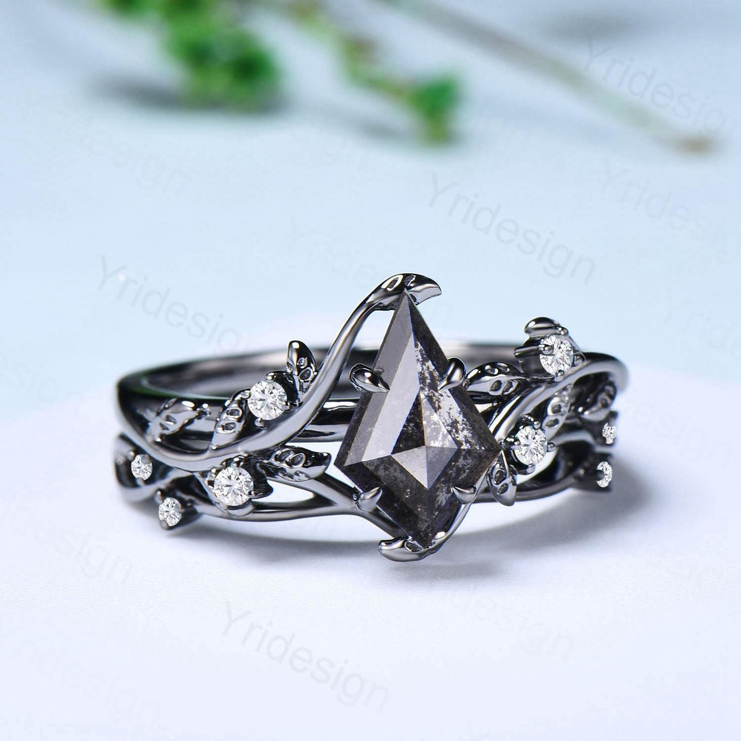 Elegant Kite cut salt pepper diamond engagement ring vintage pepper diamond bridal set unique leaf vine ring nature inspired wedding set - PENFINE