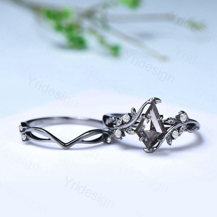 Elegant Kite cut salt pepper diamond engagement ring vintage pepper diamond bridal set unique leaf vine ring nature inspired wedding set - PENFINE