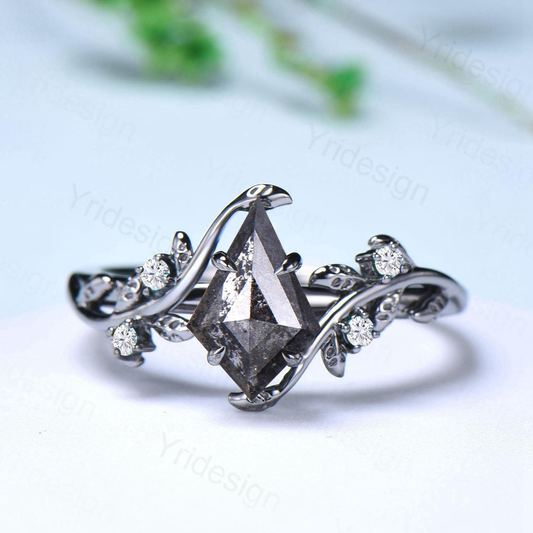 Elegant Kite cut salt pepper diamond engagement ring vintage pepper diamond bridal set unique leaf vine ring nature inspired wedding set - PENFINE