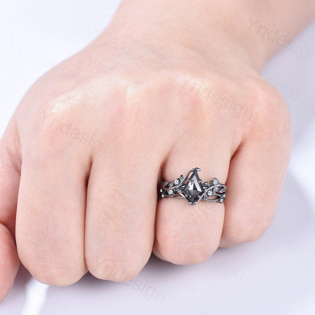 Elegant Kite cut salt pepper diamond engagement ring vintage pepper diamond bridal set unique leaf vine ring nature inspired wedding set - PENFINE