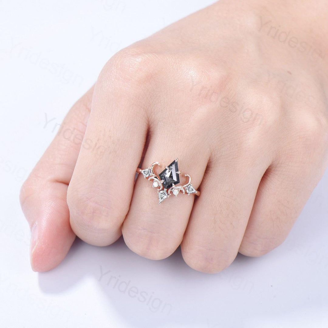 Unique Kite Cut Salt And Pepper Diamond Engagement Ring Art Deco Air Fly Anniversary Ring Alternative Rose Gold Wedding Ring For Women - PENFINE