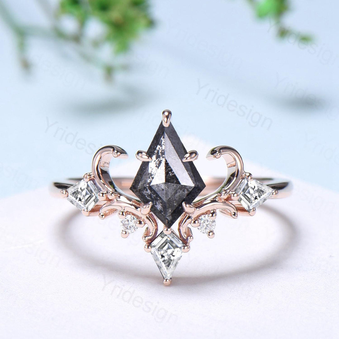 Unique Kite Cut Salt And Pepper Diamond Engagement Ring Art Deco Air Fly Anniversary Ring Alternative Rose Gold Wedding Ring For Women - PENFINE