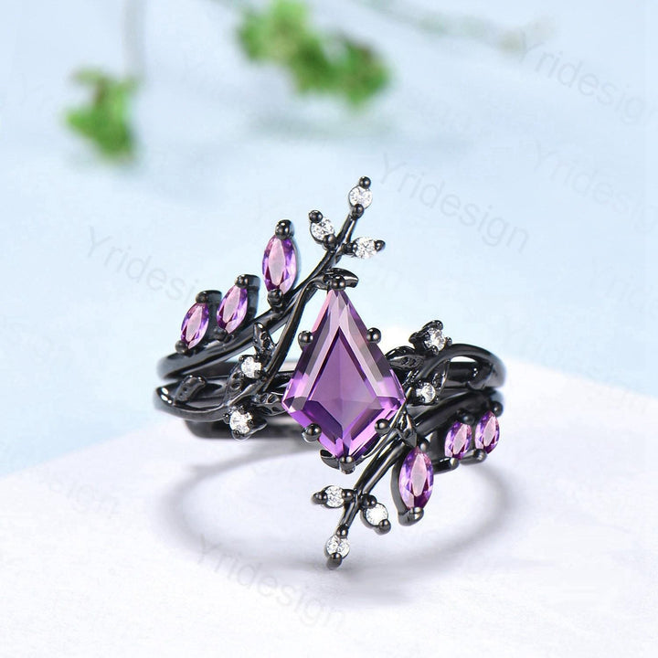 Nature Inspired Kite cut amethyst engagement ring set black gold unique leaf branch marquise cut purple gemstone ring bridal wedding set - PENFINE