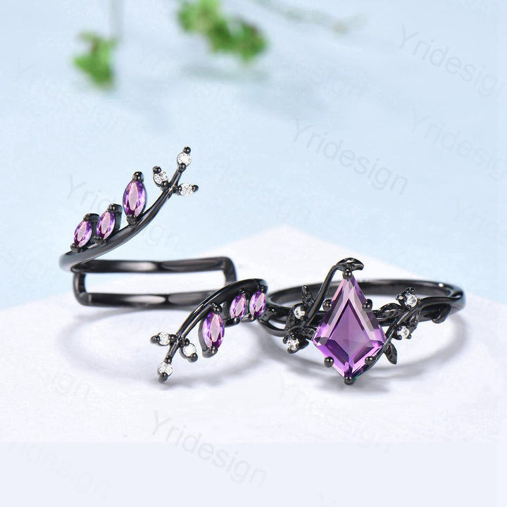 Nature Inspired Kite cut amethyst engagement ring set black gold unique leaf branch marquise cut purple gemstone ring bridal wedding set - PENFINE