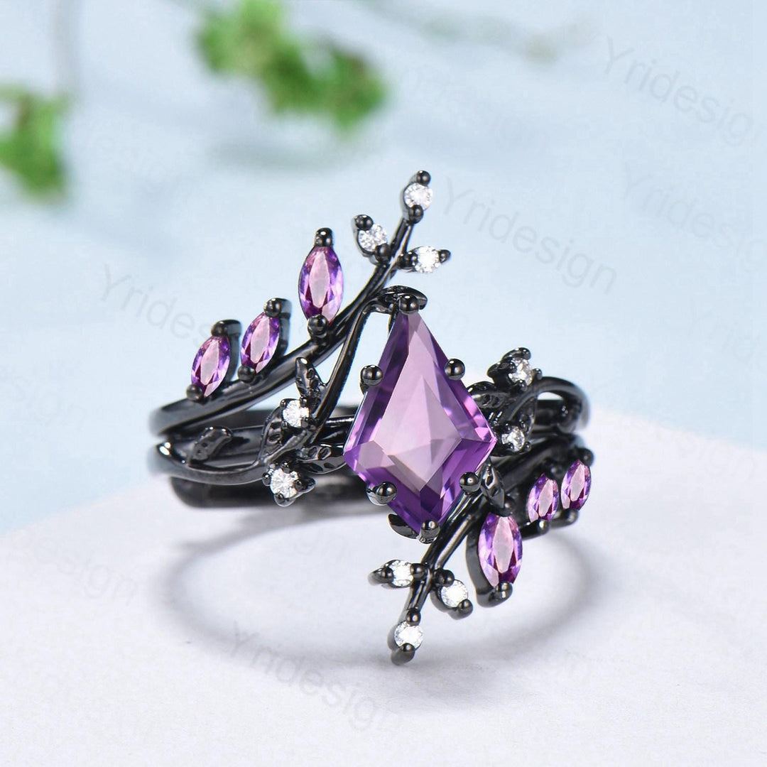 Nature Inspired Kite cut amethyst engagement ring set black gold unique leaf branch marquise cut purple gemstone ring bridal wedding set - PENFINE