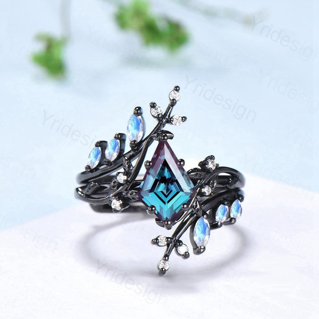 Unique gothic kite cut alexandrite engagement ring set black gold cluster marquise moonstone ring leaf branch nature inspired wedding set - PENFINE