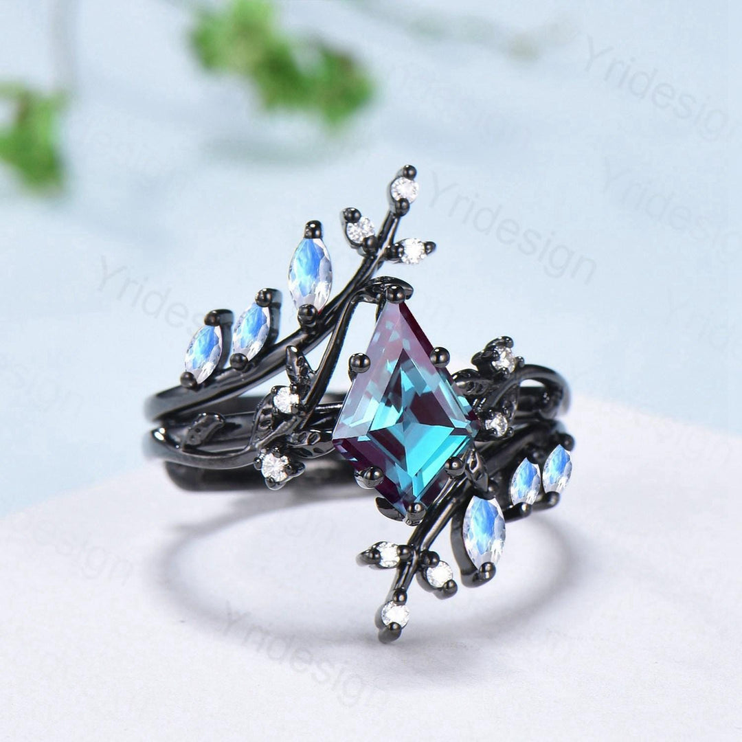 Unique gothic kite cut alexandrite engagement ring set black gold cluster marquise moonstone ring leaf branch nature inspired wedding set - PENFINE