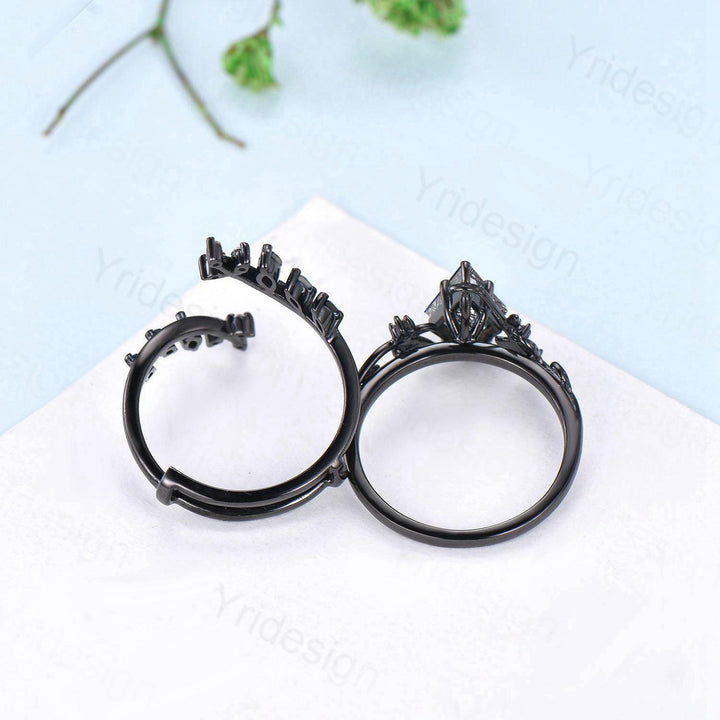 Unique gothic kite cut black rutilated quartz engagement ring set black gold cluster engagement ring leaf branch nature inspired wedding set - PENFINE