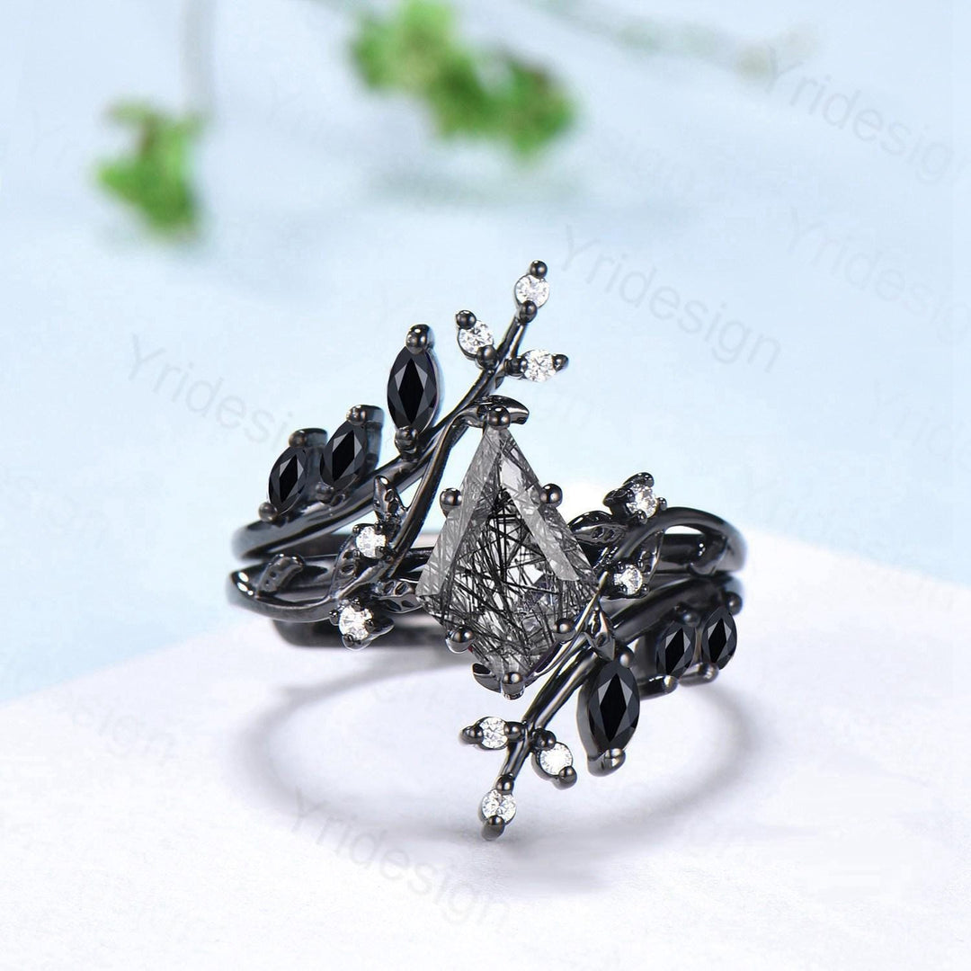 Unique gothic kite cut black rutilated quartz engagement ring set black gold cluster engagement ring leaf branch nature inspired wedding set - PENFINE