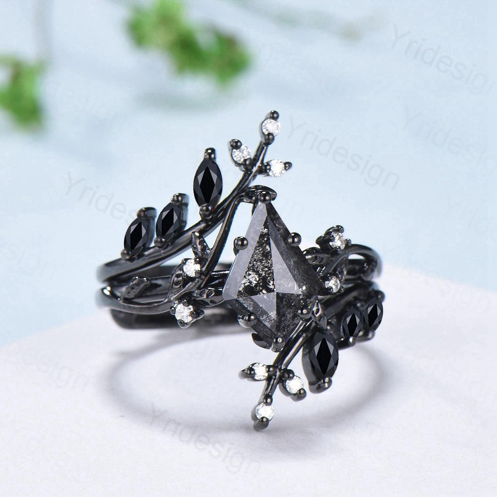 Unique gothic kite cut salt and pepper diamond engagement ring set black gold cluster engagement ring leaf nature inspired onyx wedding set - PENFINE