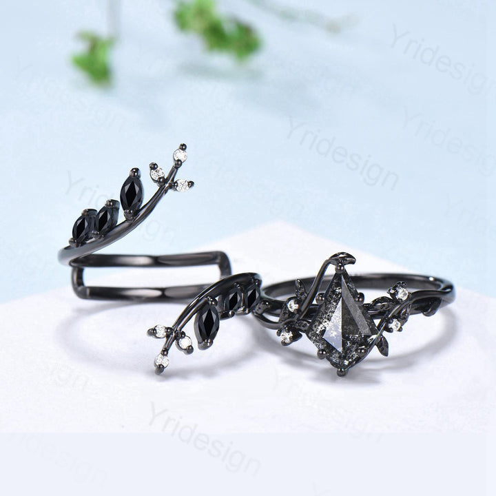 Unique gothic kite cut salt and pepper diamond engagement ring set black gold cluster engagement ring leaf nature inspired onyx wedding set - PENFINE