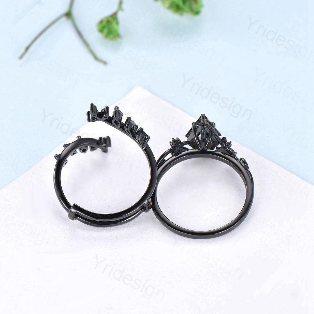 Unique gothic kite cut salt and pepper diamond engagement ring set black gold cluster engagement ring leaf nature inspired onyx wedding set - PENFINE