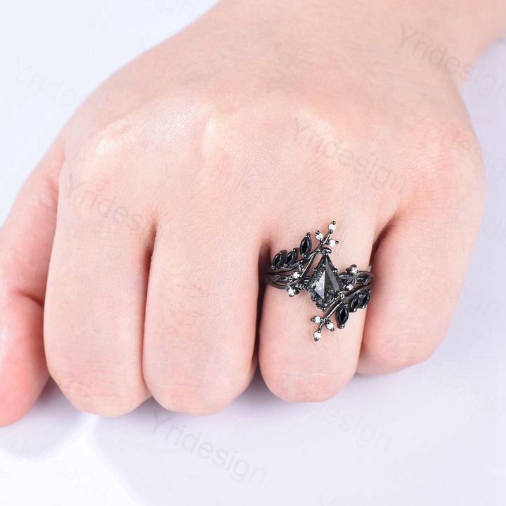 Unique gothic kite cut salt and pepper diamond engagement ring set black gold cluster engagement ring leaf nature inspired onyx wedding set - PENFINE