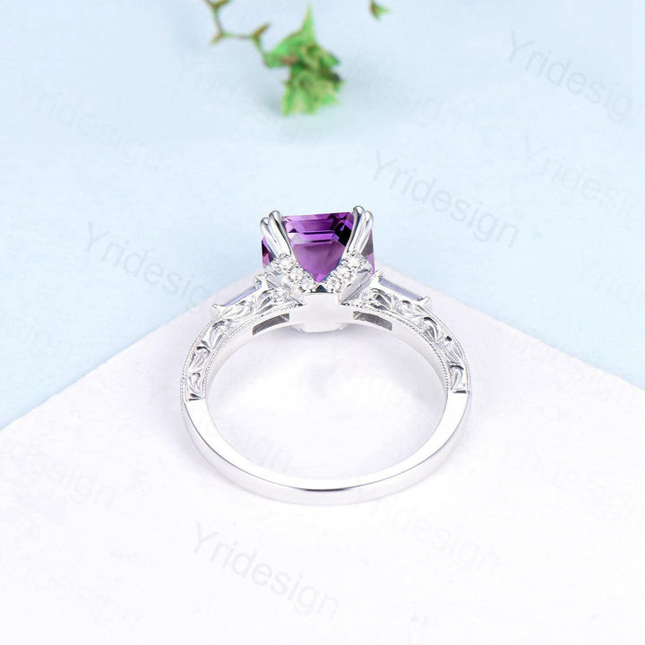 Hidden Halo princess amethyst engagement ring Unique asscher cut purple gemstone ring 3 stone baguette February birthstone anniversary ring - PENFINE