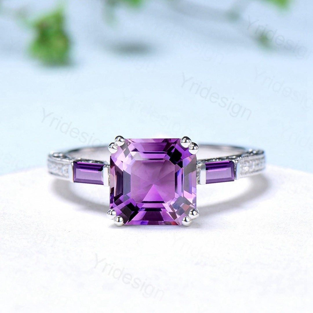 Hidden Halo princess amethyst engagement ring Unique asscher cut purple gemstone ring 3 stone baguette February birthstone anniversary ring - PENFINE